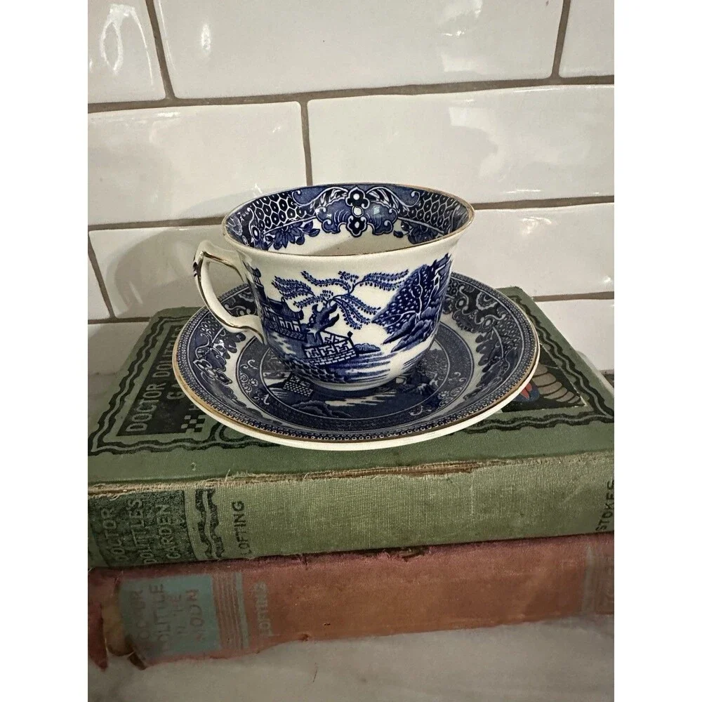 Vintage Burleigh Ware Blue Willow Coffee Tea Cup Saucer Made in England Gilt